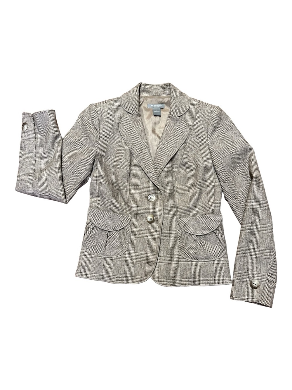 ANN TAYLOR Plaid Blazer Wool Blend Back Ruffle Brown Cream Feminine Size 0P